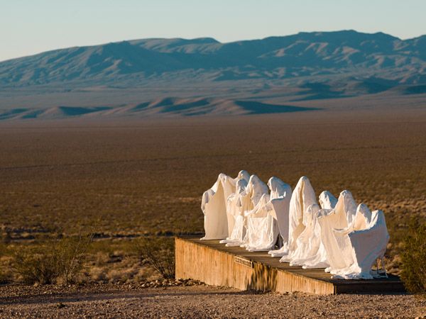 Last Supper sculpture art work in the Goldwell Open Air Museum in the ghost town of Rhyolite, Nevada