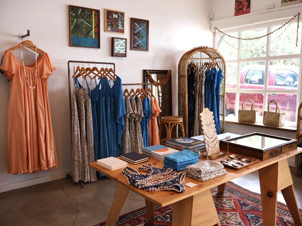 a look inside the boutique shop filled with dresses at Holoholo Surf, Makawao