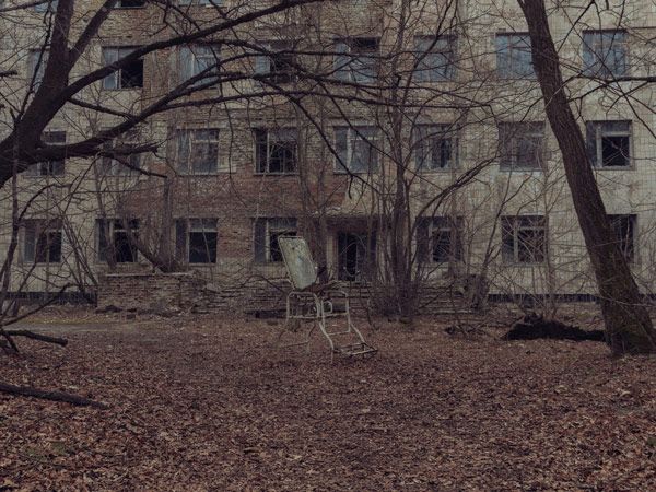 a low angle of an abandoned building in Pripyat, Ukraine