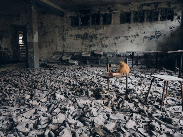 an old abandoned middle school structure in Pripyat, Ukraine