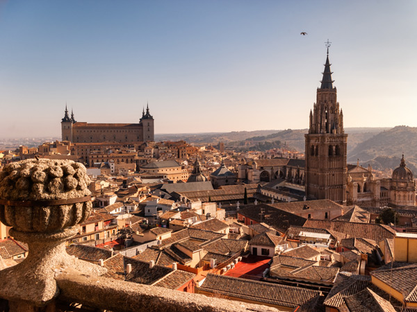 a wide top view of Toledo, Spain
