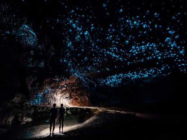 two people exploring the Waitomo Glowworm Caves