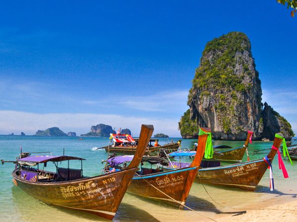 boats moored on the shore in Krabi, Thailand