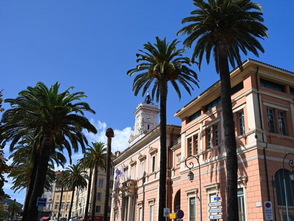 the Ajaccio Town Hall with palm trees on the side