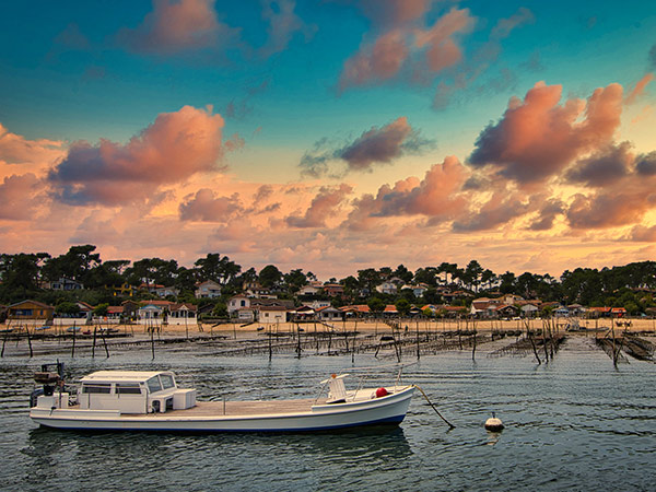 sunset over oyster farm at Bassin d’Arcachon