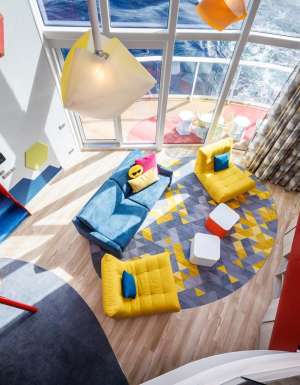 Aerial view of the family room inside the Ultimate Family Townhouse on Icon of the Seaa