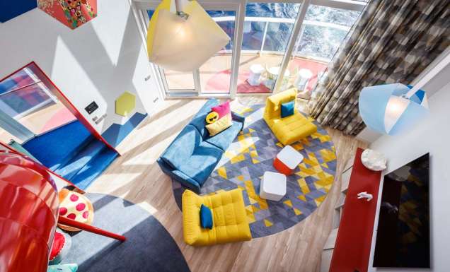 Aerial view of the family room inside the Ultimate Family Townhouse on Icon of the Seaa