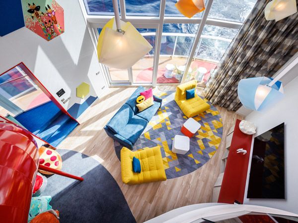 a top view of the room at the Ultimate Family Townhouse with colourful lounges and decor