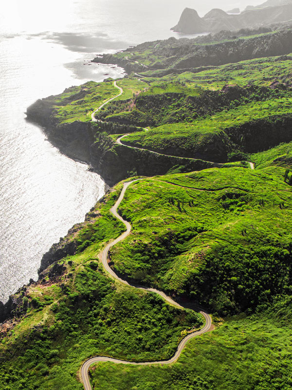an aerial shot of the road to Hana