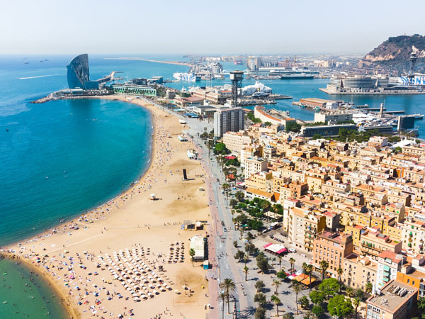 an aerial view of Barceloneta Beach