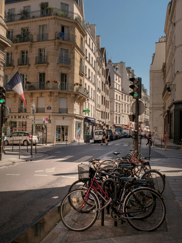 bicycles parked on the side of the road in Paris