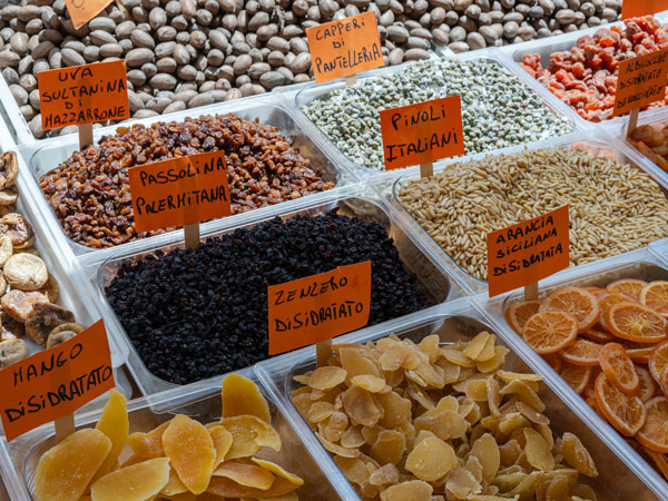 dried nuts and fruits in the Sicily Market, Italy