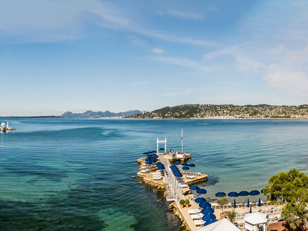 an aerial view of a private beach at Belles Rives