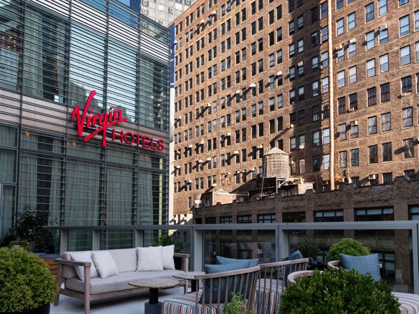 the Virgin Hotels NYC signage at the third floor patio
