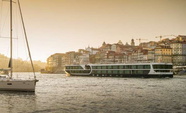 the Avalon Alegria ship cruising along the Douro Valley, Portugal