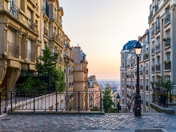 View of cozy street in quarter Montmartre in Paris, France.