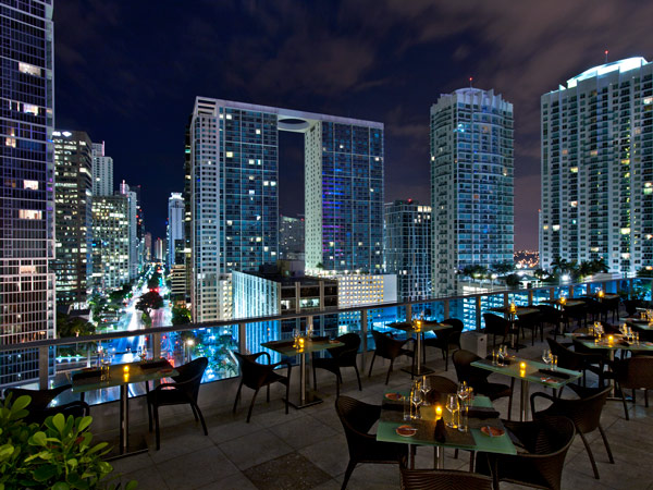 city skyline views at night from Area 31 restaurant, Miami