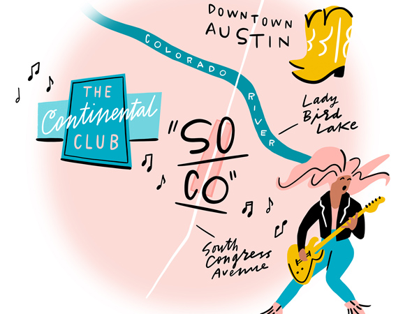a colourful illustration of Austin, Texas, South Congress