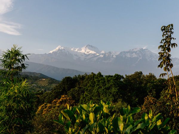 views of snow-capped peaks from Tiger Mountain Pokhara Lodge