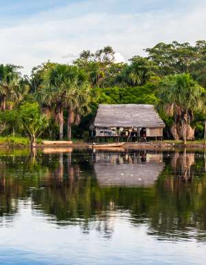 a thatched house by the Amazon River