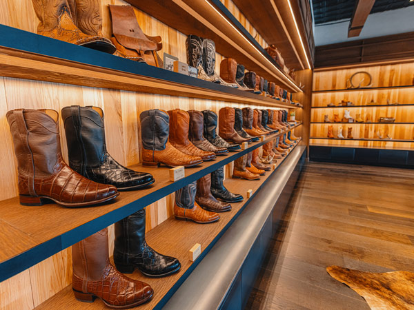 leather boots on display at Tecovas