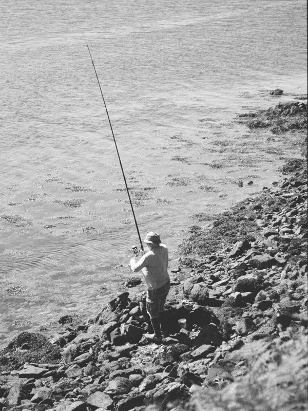 a black and white photo of a fisherman by the water's edge