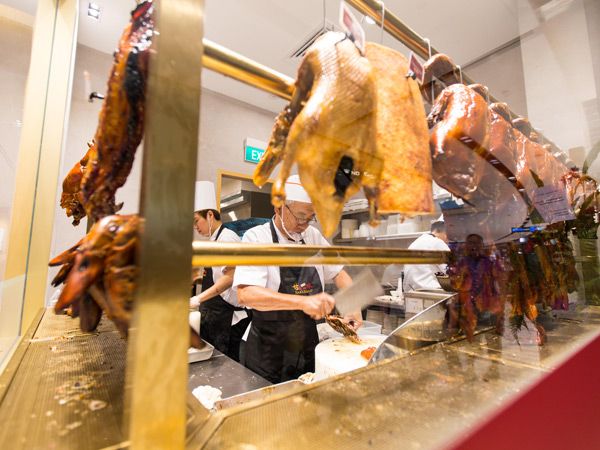 crispy-skinned goose on display at Kam's Roast Goose, Hong Kong