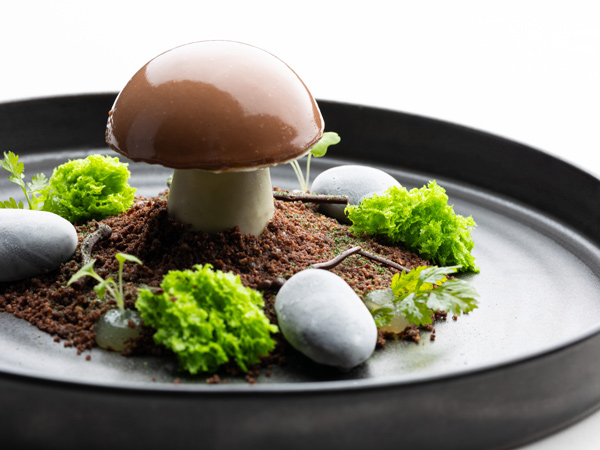 a chocolate mushroom dessert at Varoulko Seaside