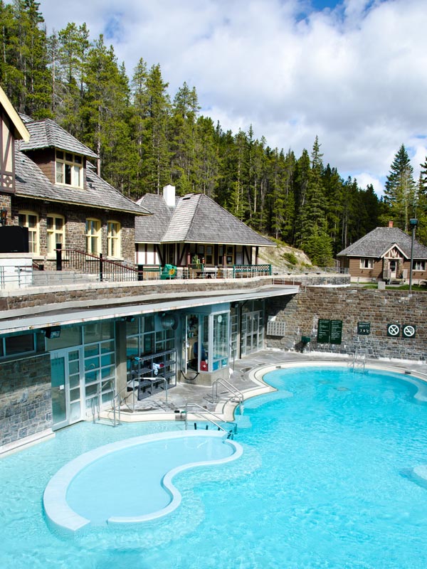 The buildings and pool of the Banff Upper Hot Springs. 