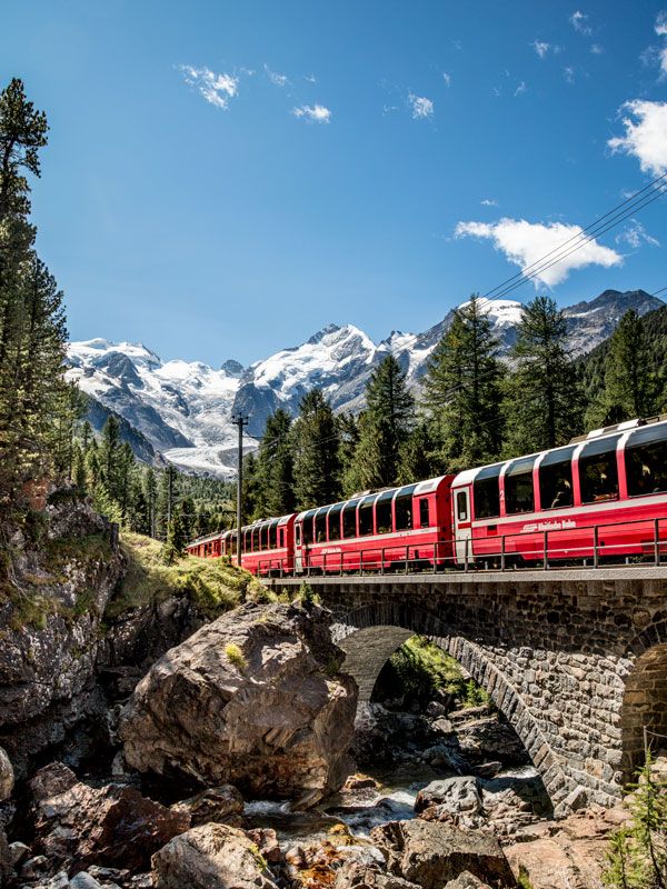 the Bernina Express train passing through the Swiss Alps