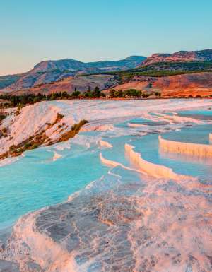 Natural travertine pools and terraces in Pamukkale. Cotton castle in southwestern Turkey