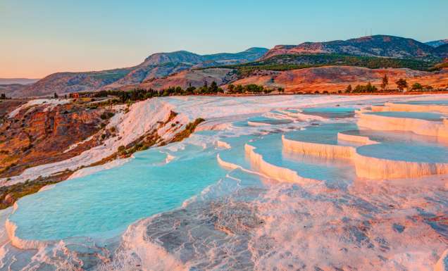 Natural travertine pools and terraces in Pamukkale. Cotton castle in southwestern Turkey