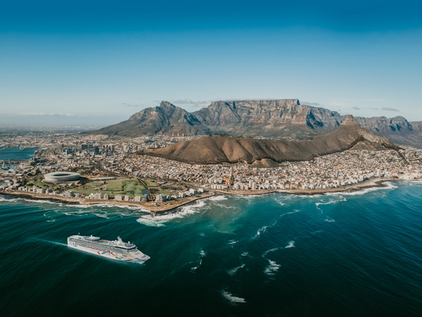 an aerial view of Norwegian Dawn sailing into Cape Town