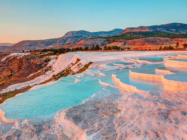 Natural travertine pools and terraces in Pamukkale. Cotton castle in southwestern Turkey 