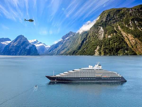 the Scenic Eclipse II sailing across Milford Sound, New Zealand