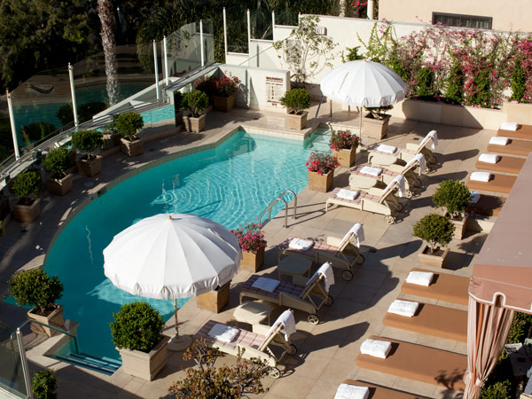 Aerial shot of the Sunset Tower Hotel pool on the Sunset Strip in West Hollywood
