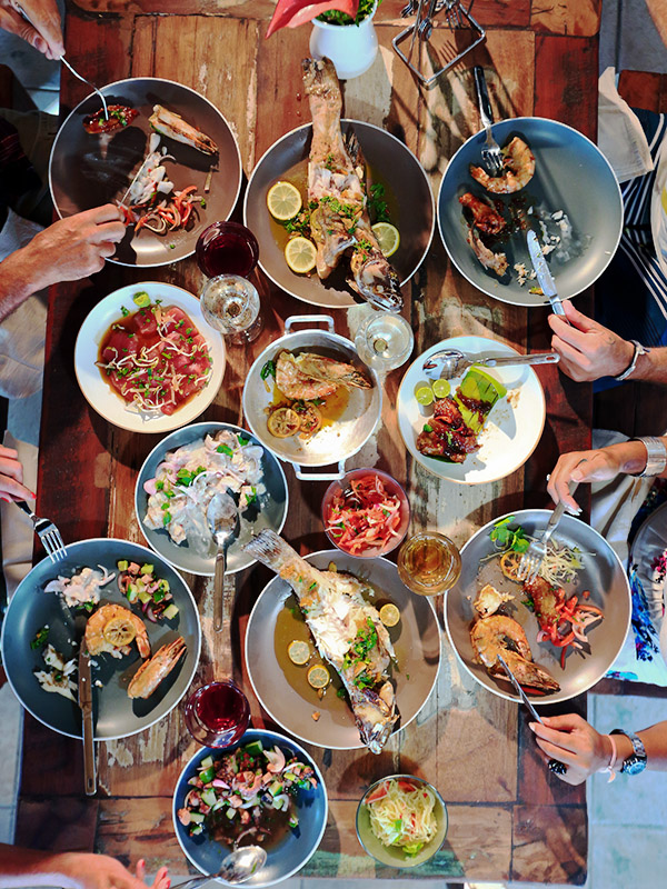 Overhead view of a table for dinner with friends