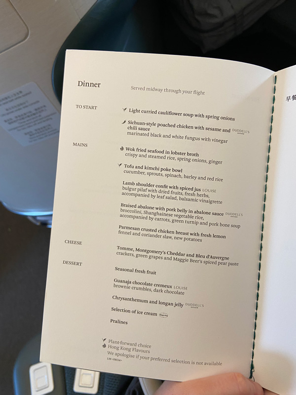 the menu at Cathay Pacific