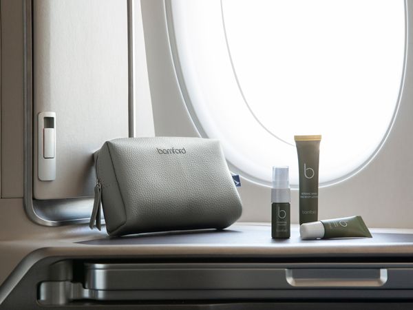a leather amenity kit with Bamford products at Cathay Pacific Business Class
