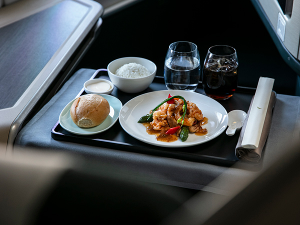 an inflight meal onboard Cathay Pacific Business Class