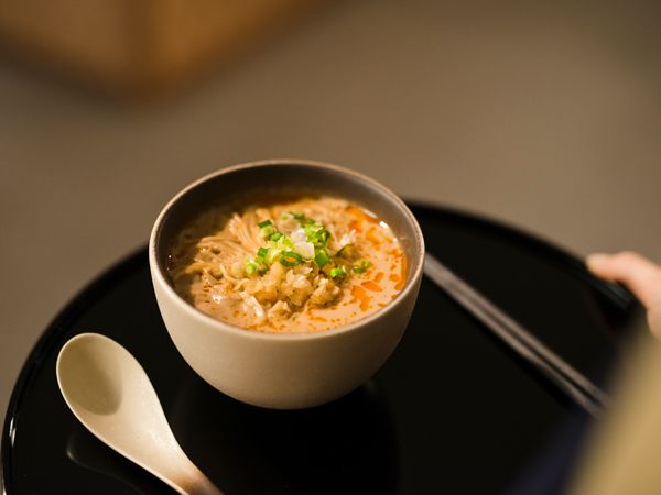 a bowl of noodles at The Pier, Cathay Pacific Business Class