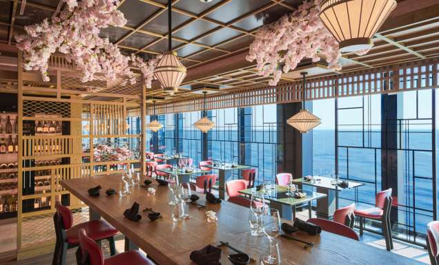 cherry blossoms hanging from the ceiling of Sakura restaurant, Explora I