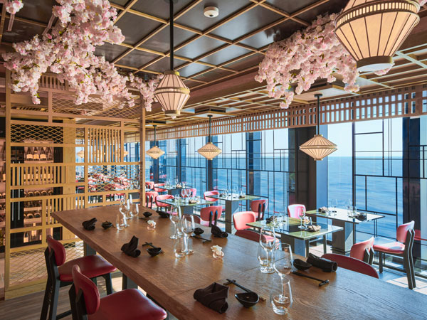 cherry blossoms hanging from the ceiling inside Sakura restaurant, EXPLORA I