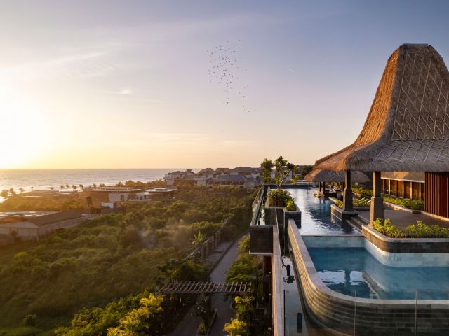 sunset view from the rooftop pool at Holiday Inn Resort Bali Canggu