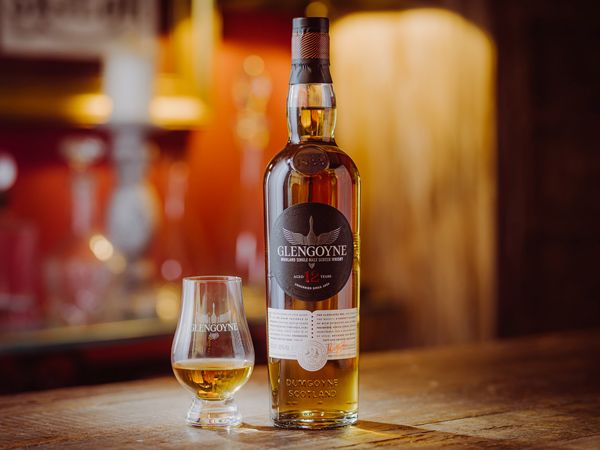 The Glengoyne Whisky and glass in a bar. 