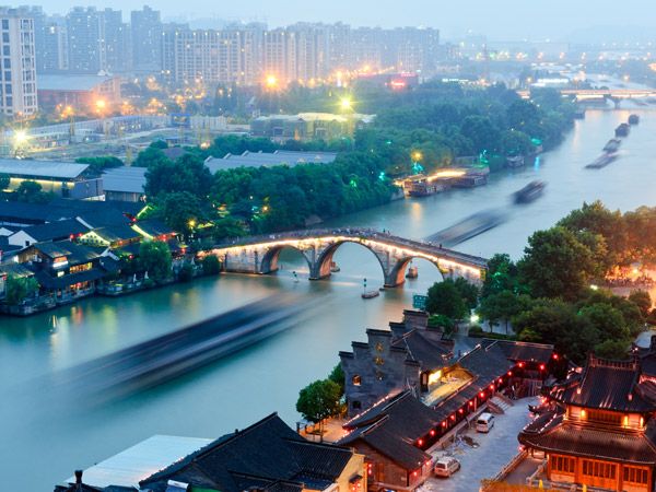 an aerial view of the Hangzhou, Grand Canal in China at night