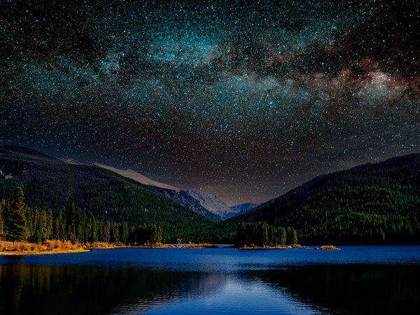 a starry night over Monarch Lake in the Colorado Rocky Mountains