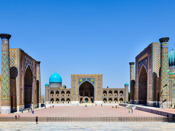 a blue-domed mosque in Samarkand, Uzbekistan