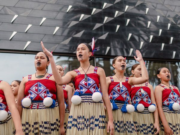 women dressed in traditional clothing at the gallery opening of Te Whare o Rehua Sarjeant Gallery