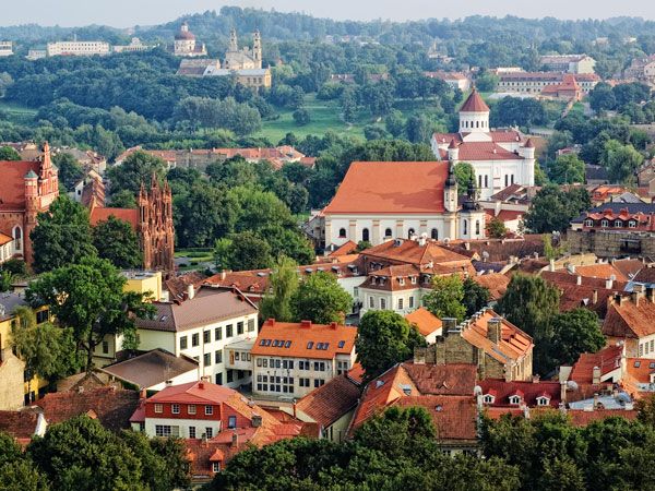 an aerial view of the Vilnius Old Town, Lithuania